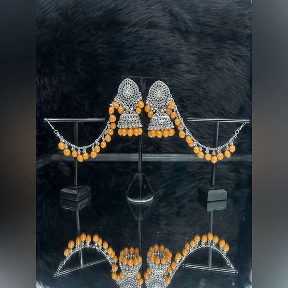 Silver With Peach Pearls Oxidized Jhumkas With Side layers. - Picture 5 of 6